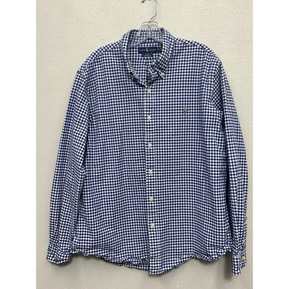 Ralph Lauren Slim Fit Stretch Oxford Button Up Shirt Mens XXL Blue Gingham Check - Picture 1 of 5